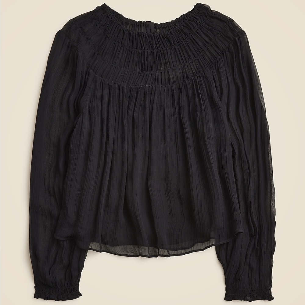 J. Crew Sheer Black Smocked Long-Sleeve Blouse
